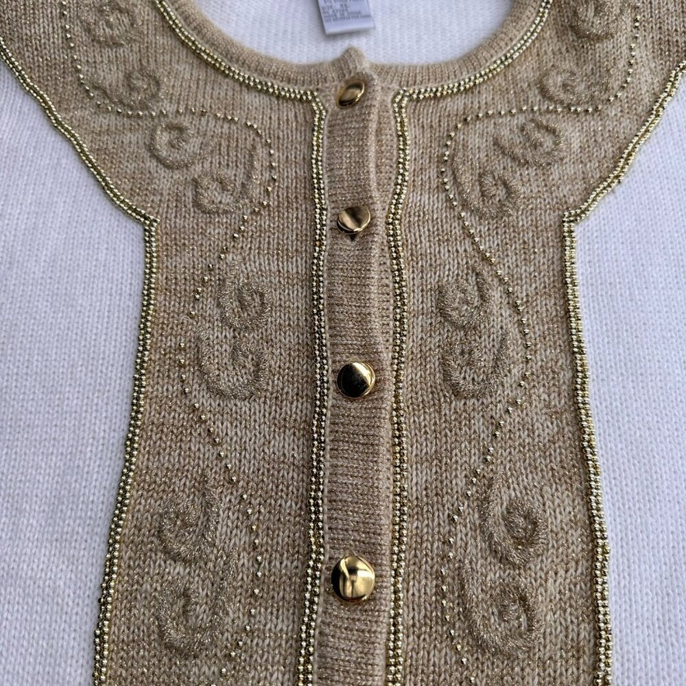 Dressbarn XL White & Gold Embellished Cardigan Sweater Button Christmas Holiday - Picture 6 of 10